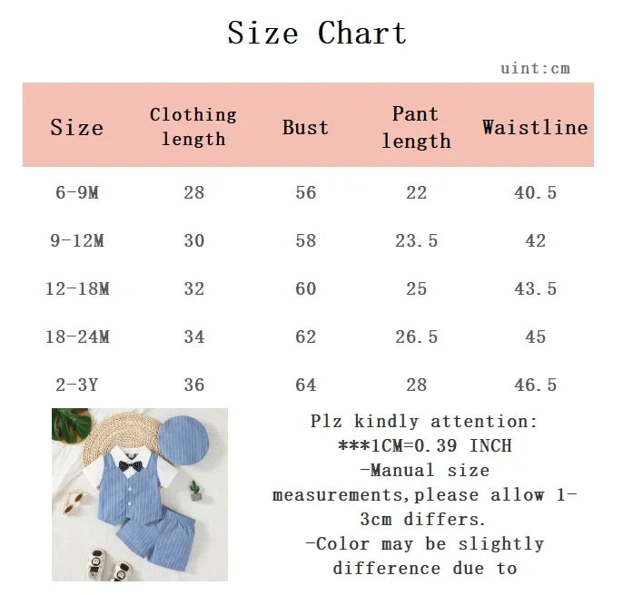 Baby Boy Little Gentleman Set Lapel Stripe Fake Two piece Top and Shorts Set Suitable for 0-3 Year Toddlers Birthday Party Set