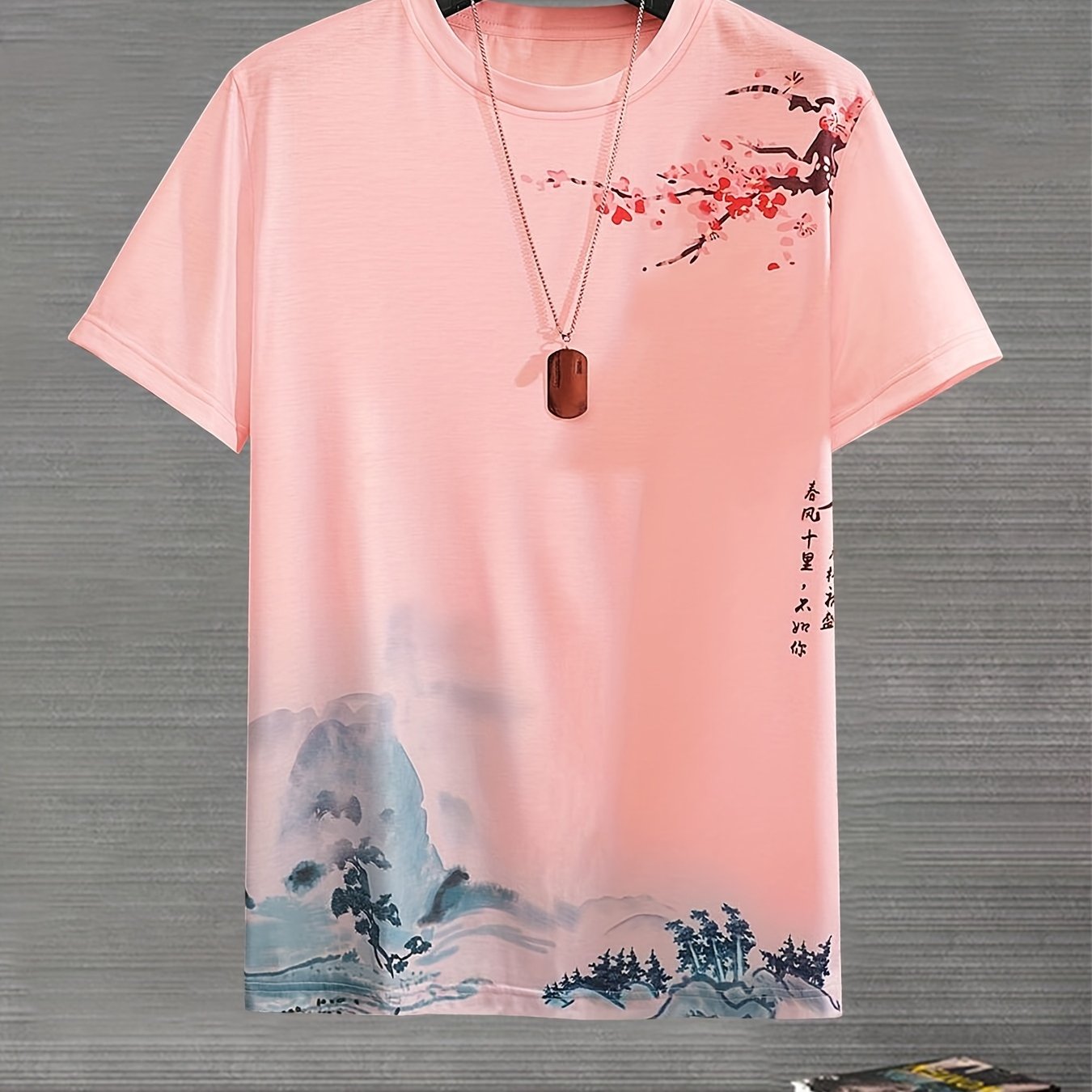 Landscape Painting Pattern Men's T-shirt, Creative Streetwear, Comfy Chic Casual Top, Plus Size Men Clothing