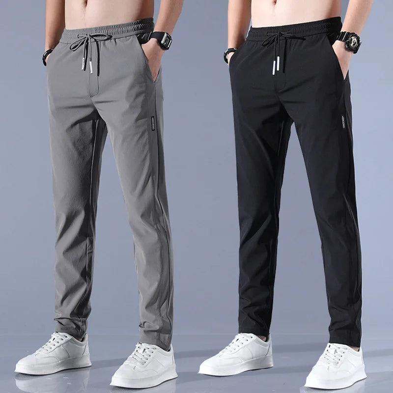 2025 Ice Silk Men's Pants Summer New Black Gray Thin Business Casual Pants Outdoor Elastic Breathable Straight Leg Sweatpants