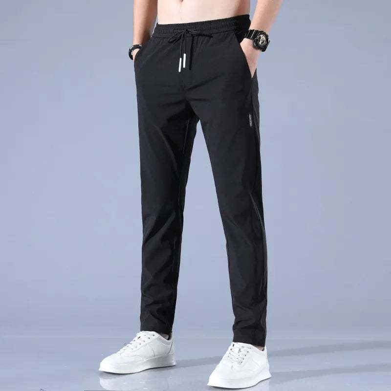 2025 Ice Silk Men's Pants Summer New Black Gray Thin Business Casual Pants Outdoor Elastic Breathable Straight Leg Sweatpants
