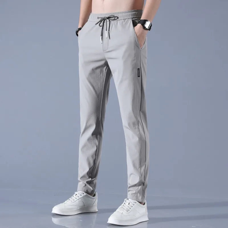 2025 Ice Silk Men's Pants Summer New Black Gray Thin Business Casual Pants Outdoor Elastic Breathable Straight Leg Sweatpants