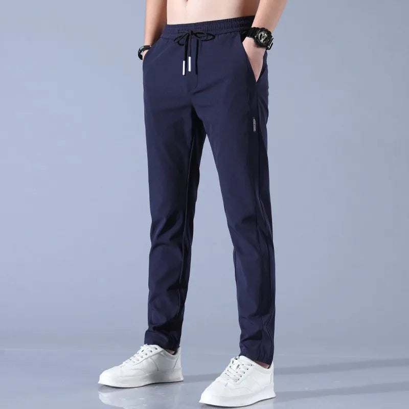 2025 Ice Silk Men's Pants Summer New Black Gray Thin Business Casual Pants Outdoor Elastic Breathable Straight Leg Sweatpants