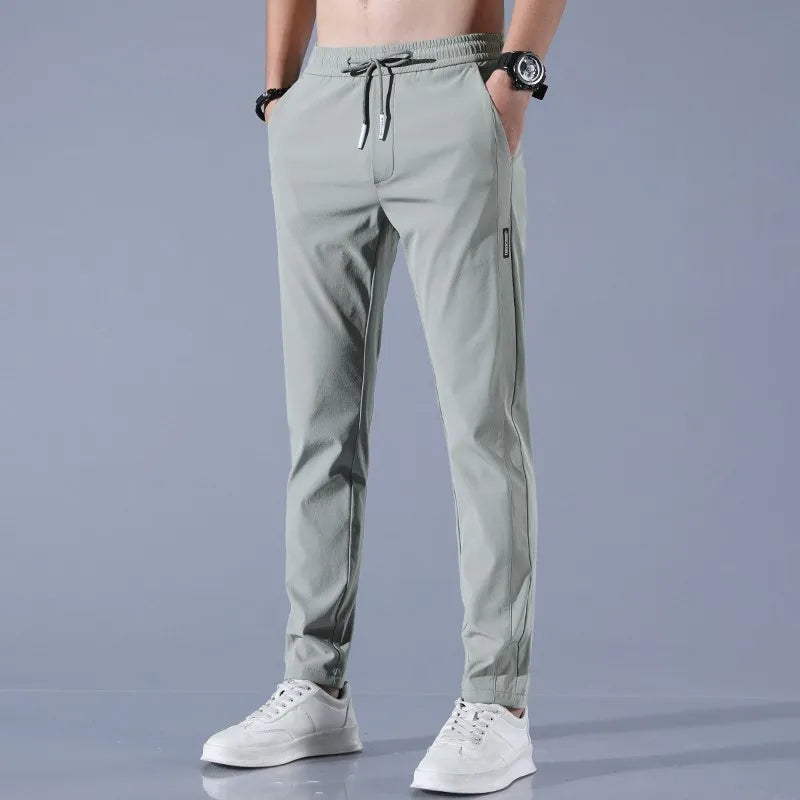 2025 Ice Silk Men's Pants Summer New Black Gray Thin Business Casual Pants Outdoor Elastic Breathable Straight Leg Sweatpants