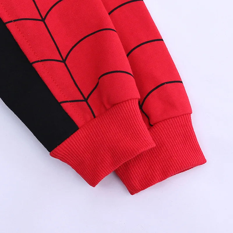 3pcs Cartoon Print Spiderman Cosplay Costume Autumn Kids Boys Sleeveless Hooded Vest +T Shirt+Pant Tracksuit Children Outfits