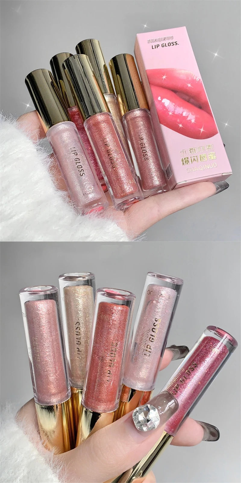 Waterproof Diamond Shimmer Glitter Lip Gloss Liquid Lipstick Shiny Pearl Lip Glaze Lasting Moisturizing Lip Tint Women Makeup