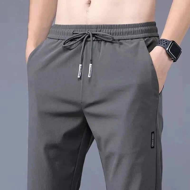 2025 Ice Silk Men's Pants Summer New Black Gray Thin Business Casual Pants Outdoor Elastic Breathable Straight Leg Sweatpants