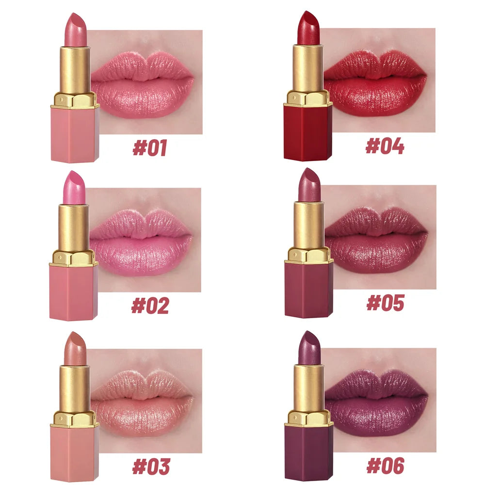 6 Colors Gold Bar Tube Lipstick Matte Texture Pearlescent Glitter Velvet Lipstick Valentine's Day Gift 6PCS