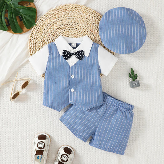 Baby Boy Little Gentleman Set Lapel Stripe Fake Two piece Top and Shorts Set Suitable for 0-3 Year Toddlers Birthday Party Set