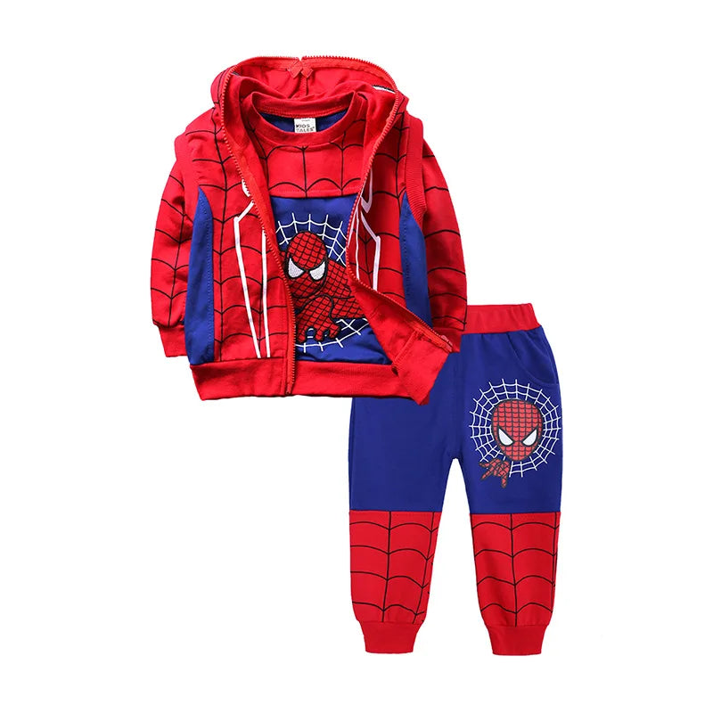 3pcs Cartoon Print Spiderman Cosplay Costume Autumn Kids Boys Sleeveless Hooded Vest +T Shirt+Pant Tracksuit Children Outfits
