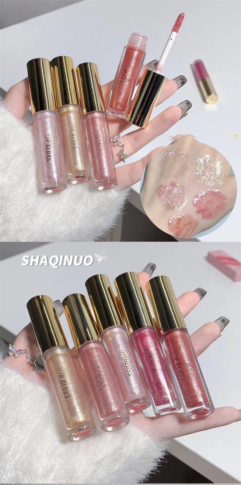 Waterproof Diamond Shimmer Glitter Lip Gloss Liquid Lipstick Shiny Pearl Lip Glaze Lasting Moisturizing Lip Tint Women Makeup