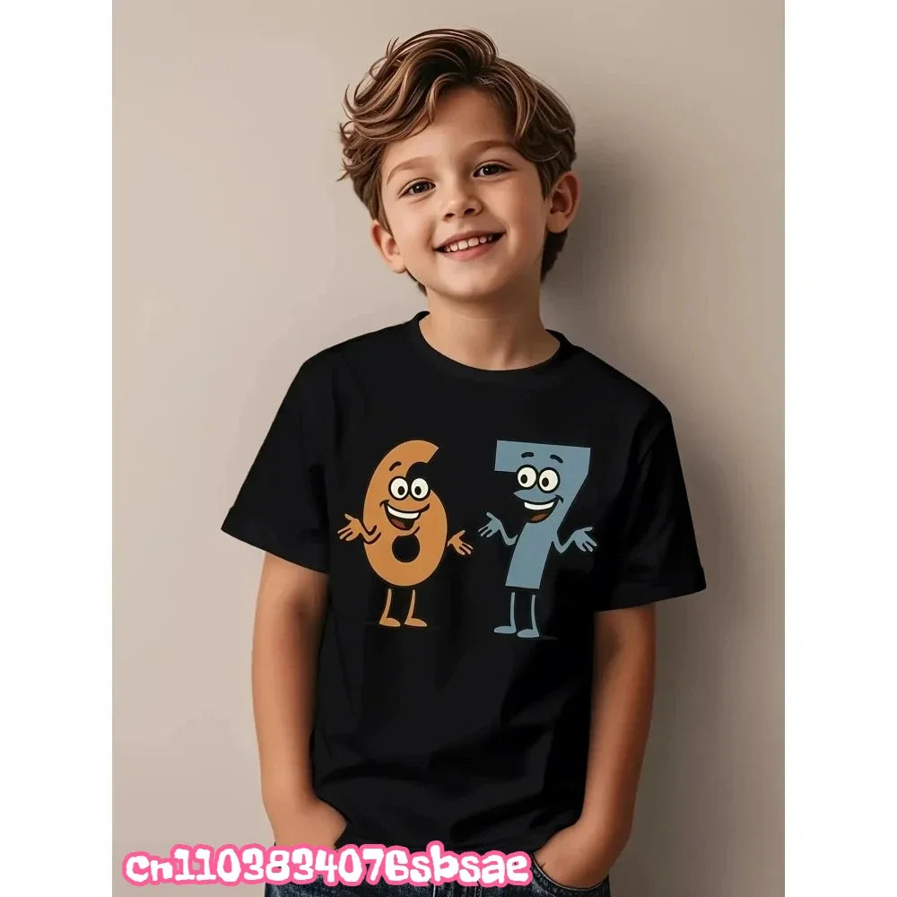 67 Six Seven Italian Brain Rot Math Joke T-Shirt Funny Casual Short Sleeve Round Neck Tops Summer Comfortable Children's T-Shirt