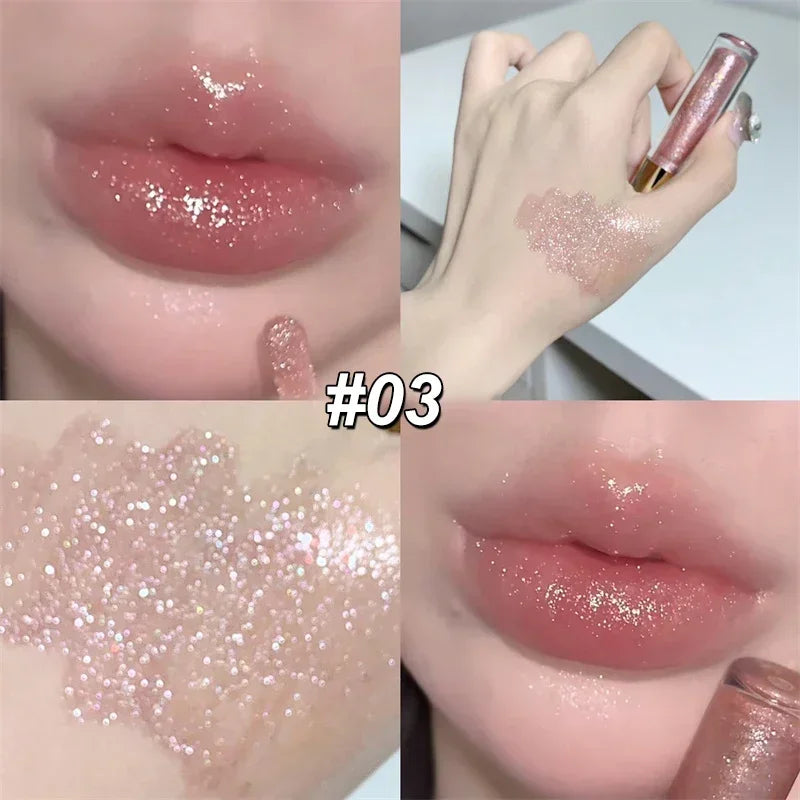 Waterproof Diamond Shimmer Glitter Lip Gloss Liquid Lipstick Shiny Pearl Lip Glaze Lasting Moisturizing Lip Tint Women Makeup