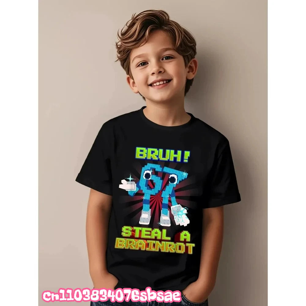 67 Six Seven Italian Brain Rot Math Joke T-Shirt Funny Casual Short Sleeve Round Neck Tops Summer Comfortable Children's T-Shirt
