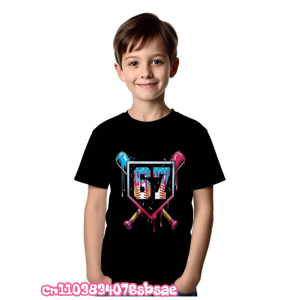 67 Six Seven Italian Brain Rot Math Joke T-Shirt Funny Casual Short Sleeve Round Neck Tops Summer Comfortable Children's T-Shirt