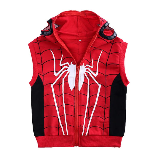 3pcs Cartoon Print Spiderman Cosplay Costume Autumn Kids Boys Sleeveless Hooded Vest +T Shirt+Pant Tracksuit Children Outfits