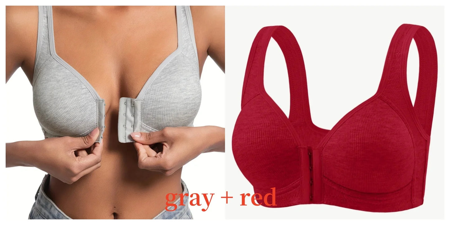 Women's Bra Wire-Free Front Closure Solid Color Full Coverage Fixed Cups More Considerate for Middle-Aged And Elderly Individual