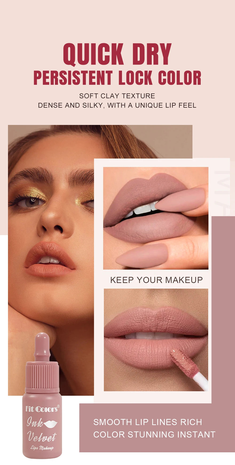 FIT COLORS 6 Color Matte Velvet Liquid Lip Gloss Long Lasting Non-Stick Cup Waterproof Intense Color Showing Lip Mud