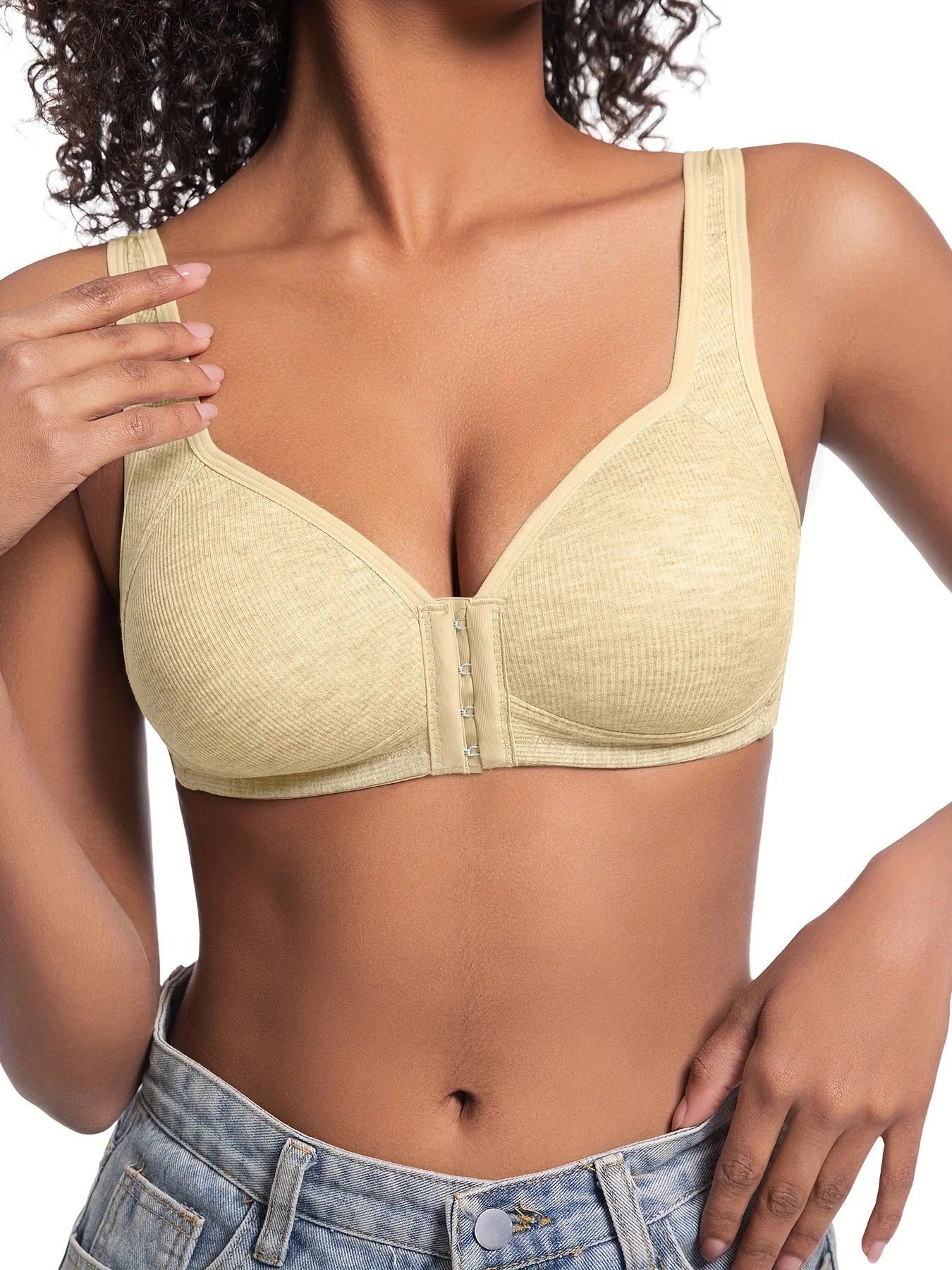 Women's Bra Wire-Free Front Closure Solid Color Full Coverage Fixed Cups More Considerate for Middle-Aged And Elderly Individual