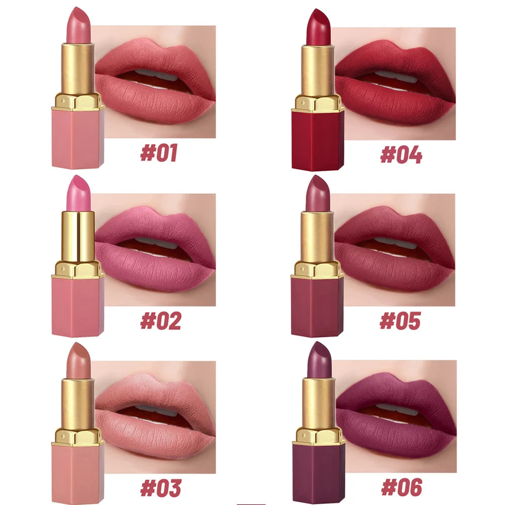 6 Colors Gold Bar Tube Lipstick Matte Texture Pearlescent Glitter Velvet Lipstick Valentine's Day Gift 6PCS