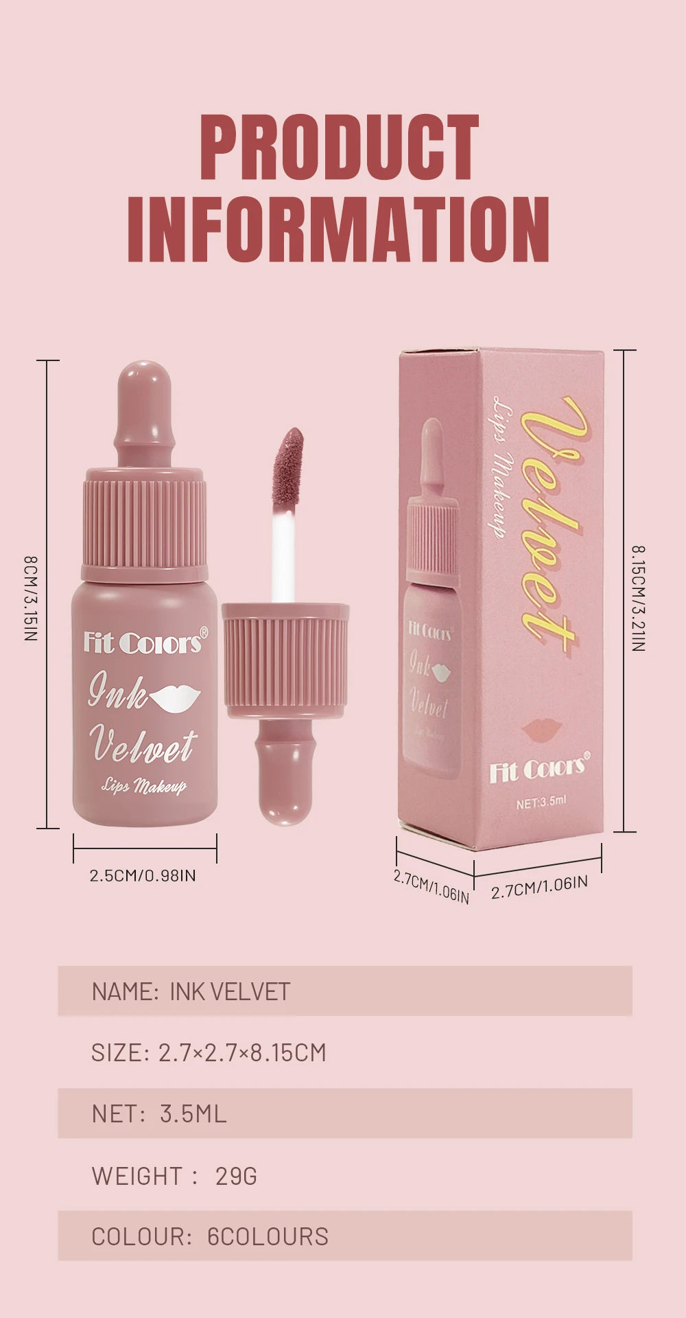 FIT COLORS 6 Color Matte Velvet Liquid Lip Gloss Long Lasting Non-Stick Cup Waterproof Intense Color Showing Lip Mud