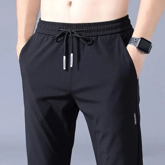 2025 Ice Silk Men's Pants Summer New Black Gray Thin Business Casual Pants Outdoor Elastic Breathable Straight Leg Sweatpants