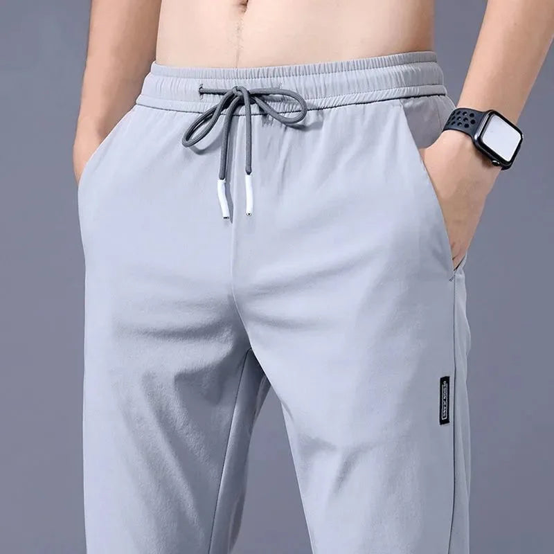 2025 Ice Silk Men's Pants Summer New Black Gray Thin Business Casual Pants Outdoor Elastic Breathable Straight Leg Sweatpants