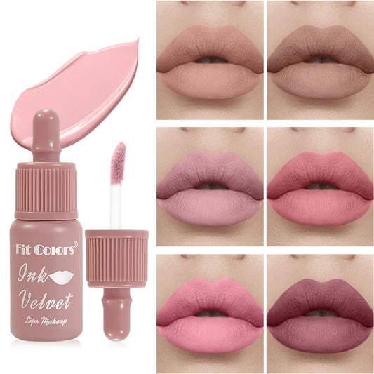 FIT COLORS 6 Color Matte Velvet Liquid Lip Gloss Long Lasting Non-Stick Cup Waterproof Intense Color Showing Lip Mud