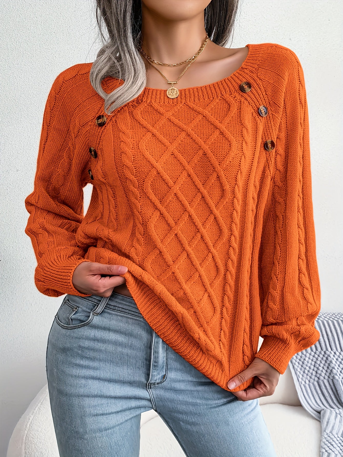 [Texture Lantern Sleeve Sweater] Round Neck Texture Lantern Sleeve Women's Sweater - Button Sweater